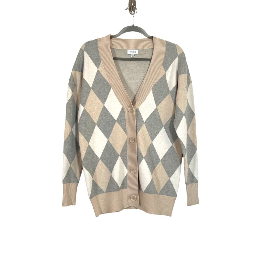 Evereve Womens Pippa Argyle Tan Gray Cream Cardigan Sweater Size Small Academia
